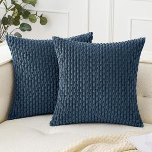 Woaboy Blue Throw Pillow Covers 18x18 Inch Set of 2 Decorative Couch Pillow Covers Farmhouse Soft Corduroy Boho Home Decors for Winter Spring Cushion Bed Sofa Living Room (18" x 18" (Pack of 2), Blue)