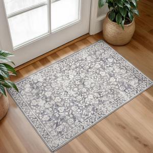 Vintage Entryway Rug, Gray Ivory 2x3 Washable Non-Slip Carpet, Soft Thin Faux Wool Small Area Rug for Front Door, Kitchen, Bedroom, Foyer