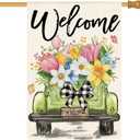 AVOIN colorlife Spring Tulip House Flag 28x40 Inch Double Sided Outside, Seasonal Flower Truck Rustic Yard Outdoor Flag