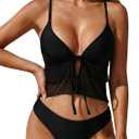 ZAFUL Womens Mesh Tankini Swimsuits Flowy Two Piece Bathing Suit V Neck Layered Ruffle Tie Front High Cut Cheeky Swimwear (Small, 0-black)