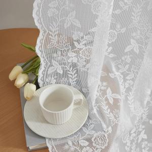 FINECITY Short Lace Curtains 36 Inch Length for Small Window, Rustic Leaf Floral Design White Lace Cafe Curtains 2 Panels, Rod Pocket Privacy Sheer Lace Curtains, 42 x 36 Inch, 1 Pair, White
