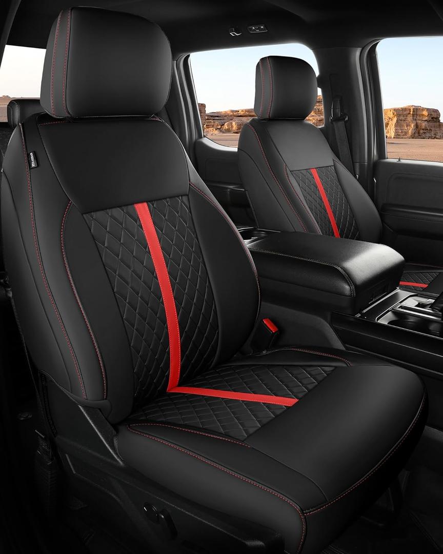 For Ford F150 Leather Seat Covers, SuperCrew XL XLT 2021-2026, F250 F350 F450 Super Duty Crew Cab 2023-2026, Custom Truck Seat Cover Full Set, Pickup Accessories, Black Red Trim (Bucket Seat)