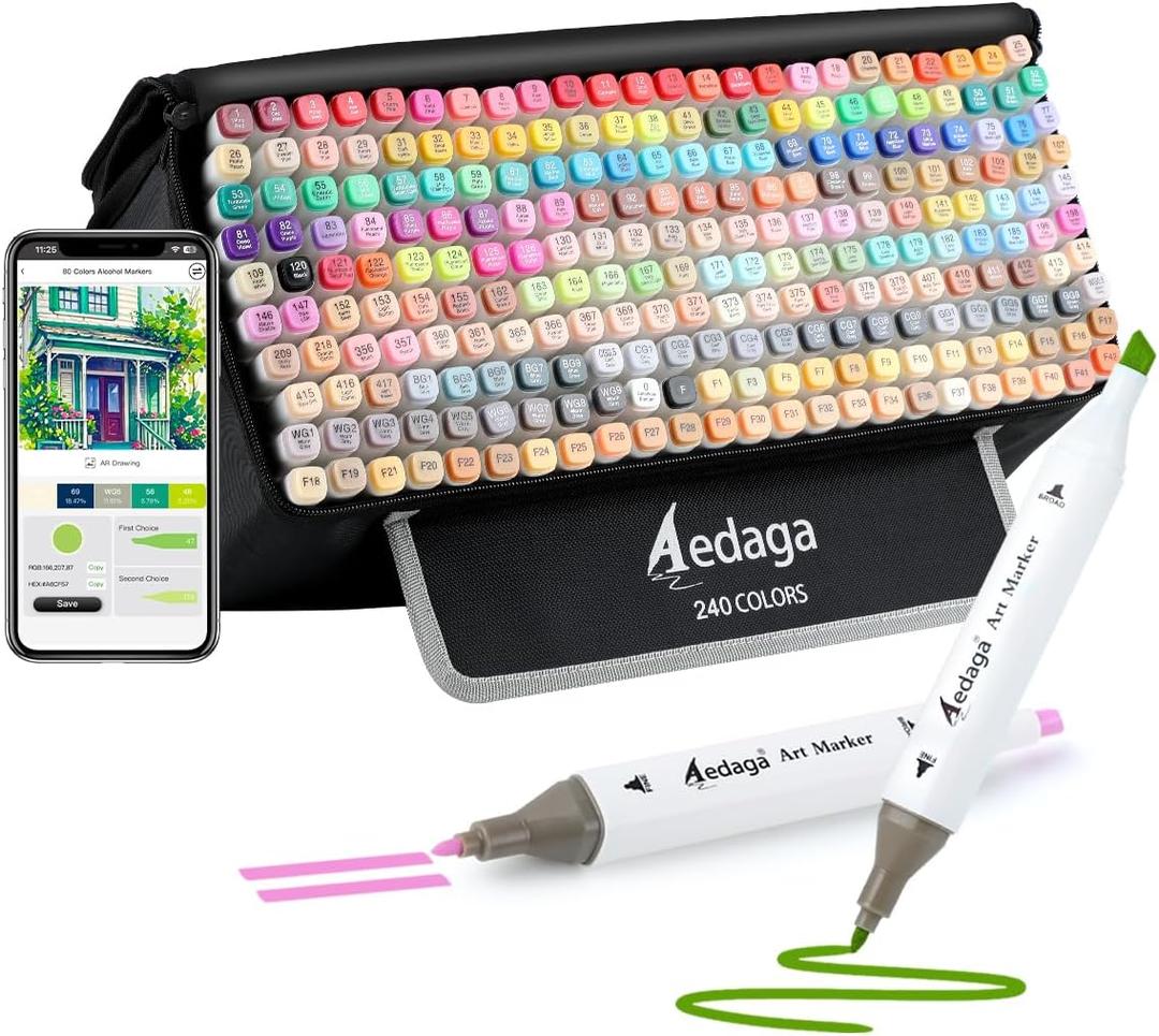 AEDAGA 240 Colors Alcohol Markers with Free App, Dual Tip Art Marker with Kickstand Case for Artists Adults. Alcohol Based Markers for Coloring Painting Sketching and Drawing, Great Gift