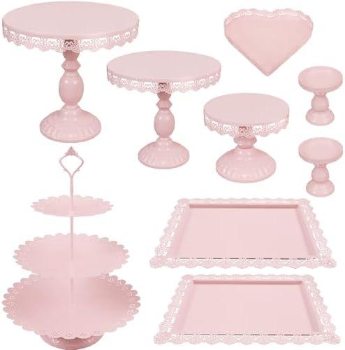 JALANCY Set of 9 Cake Stands Metal Cupcake Stand Set Multiple Styles Candy Fruit Display Tower Dessert Plate Cake Serving Tray for Birthday Party Wedding Anniversary Baby Shower Engagement (Pink)