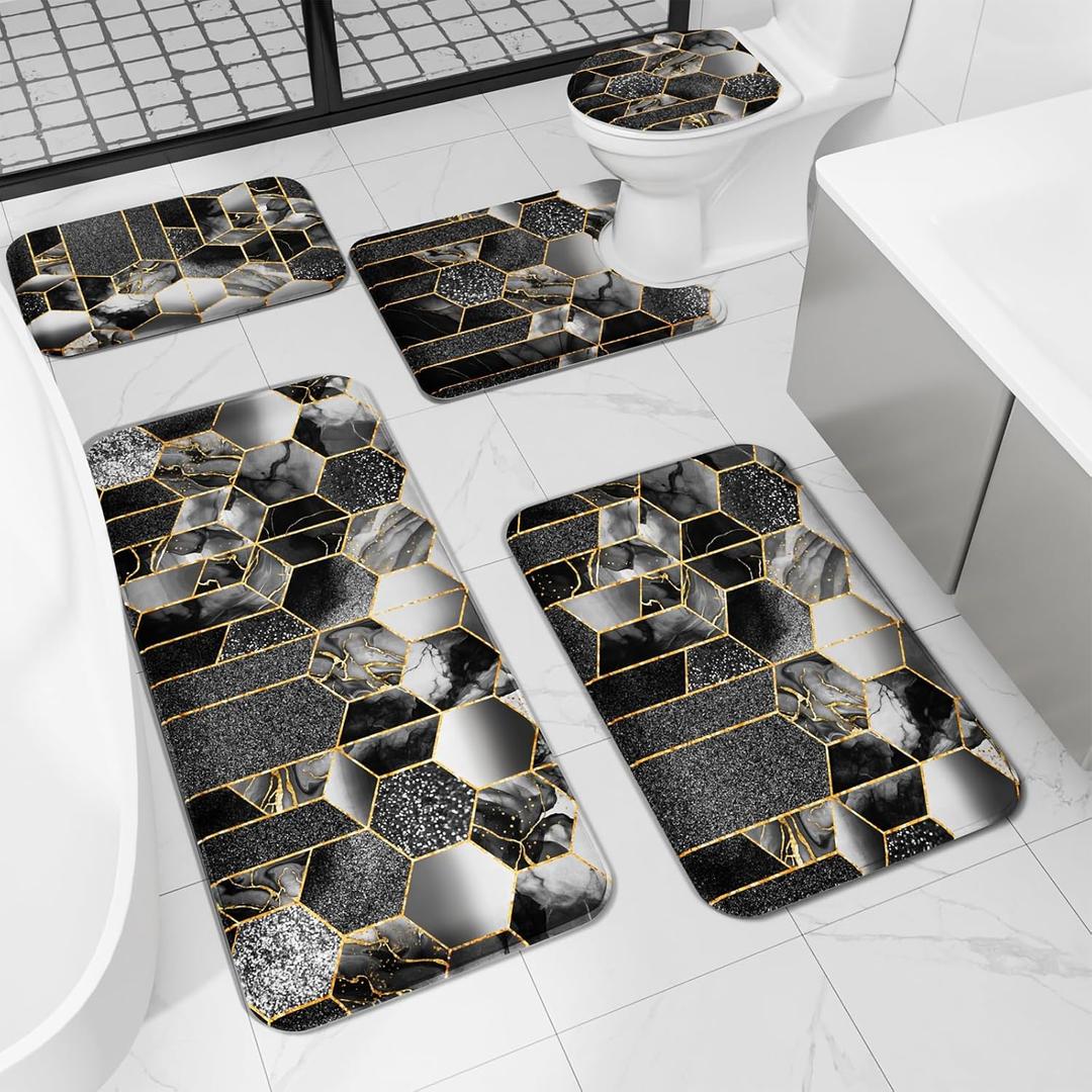 Bathroom Rug Set 5 Piece - Black Bathroom Rug Set, Memory Foam Bath Mat, Non Slip Extra Soft Absorbent Washable for Bedroom, Kitchen, Dining Room and Living Room