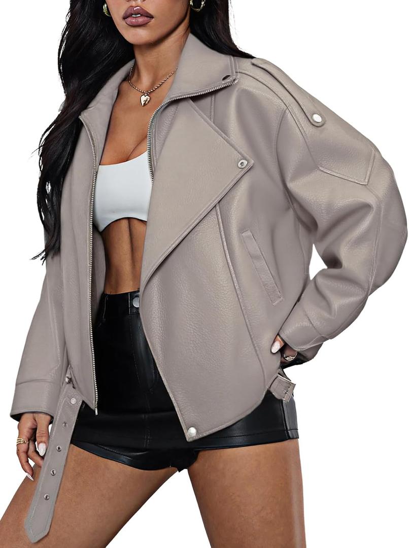 Womens Oversized Leather Jackets Faux Suede Fall Fashion Motorcycle Coats Winter Outfits Clothes Y2k Tops (Large, Apricot)