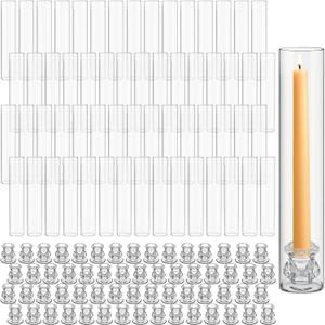 60 Set Glass Hurricane Candle Holders 12.6" Open Ended Glass Candleholder Tube Shape Bottomless and 2.2" Taper Clear Candlestick Holders for Wedding Party Table Centerpiece (Classic)