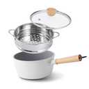 ROCKURWOK Ceramic Nonstick Sauce Pan, 3 QT Pot with Steamer, Non Toxic & PFAS-Free, Wooden Handle for Cool Touch, Universal Base(Gas, Electric & Induction), White