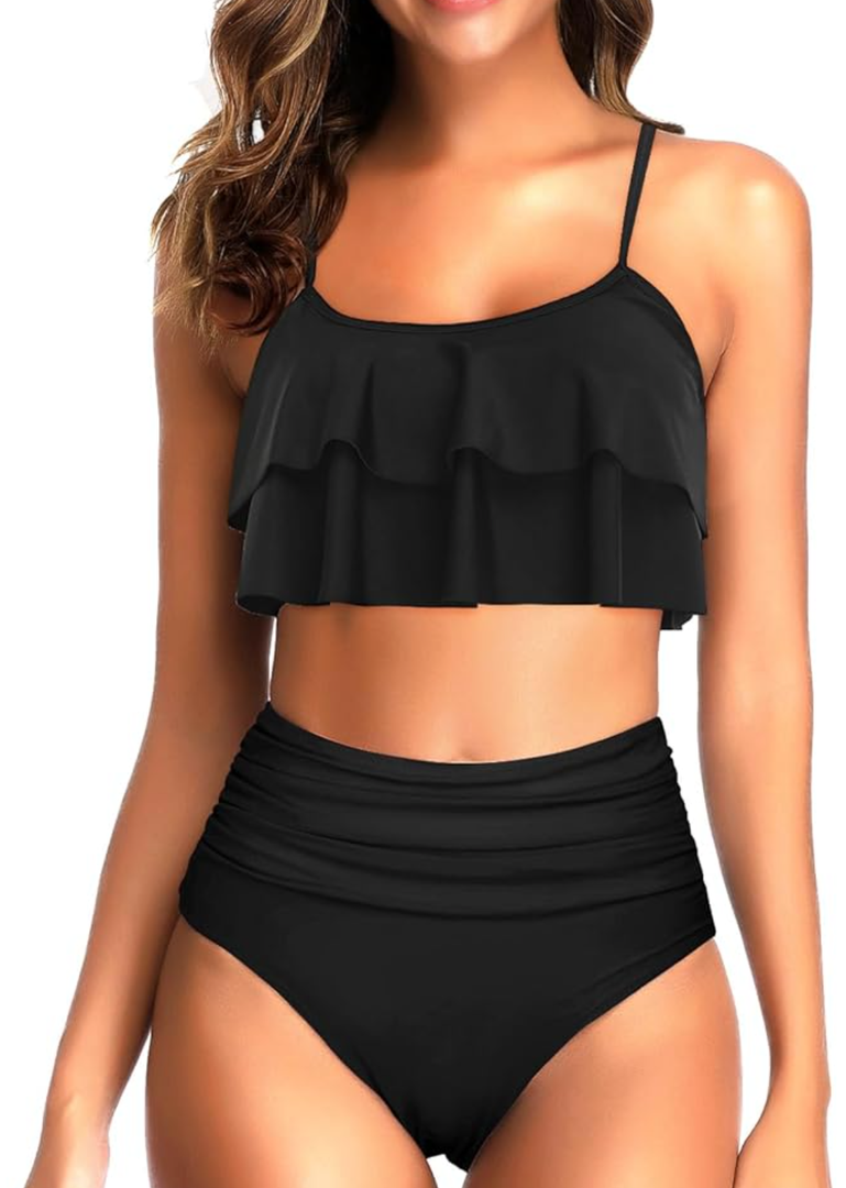 High Waisted Bikini Two Piece Swimsuits Tummy Control Bathing Suit Ruffle Ruched Swimwear L
