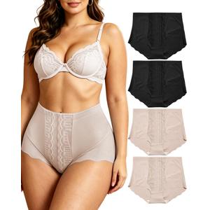 GAI YI 4Pack Women's High Waisted Underwear Moderate Tummy Control Shapewear Panties Stretch Lace Briefs for Women 2Black+2Skin 2XL