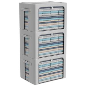 3Pack Frame Storage Box - Clothes Storage Bin Bags Oxford Fabric Foldable Stackable Container Organizer Set with Clear Window & Carry Handles Large Capacity (Grey, Large-66L)