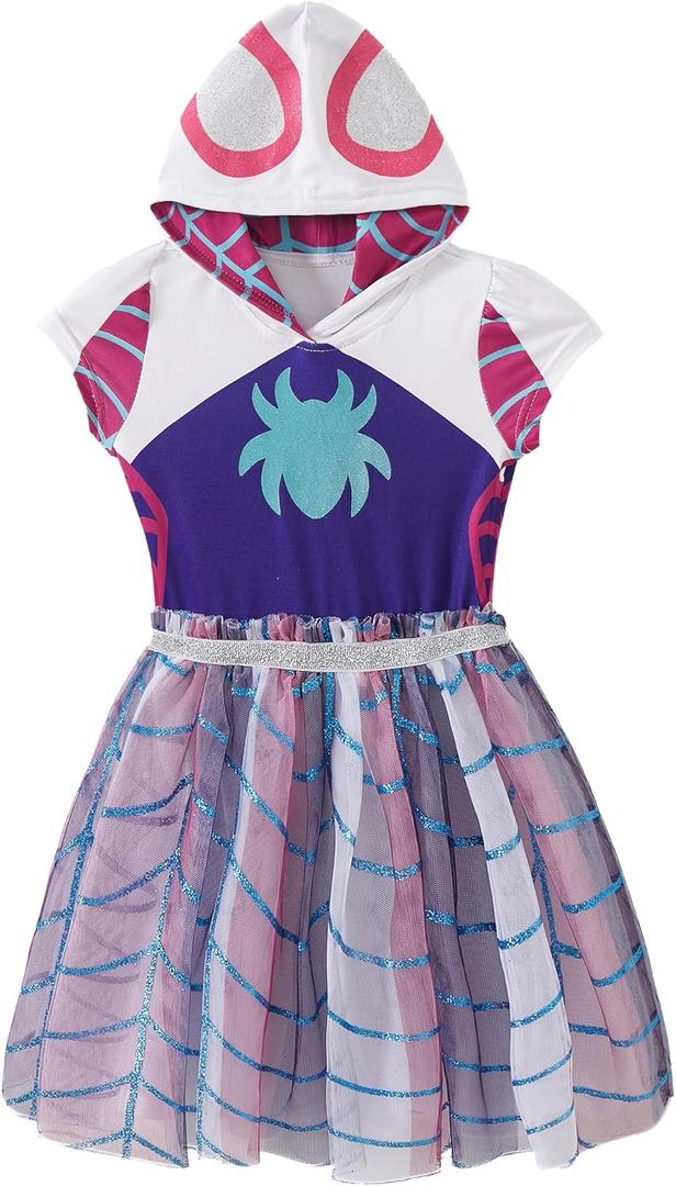 Marvel Spidey & His Amazing Friends Ghost Spider Girls Cosplay Hooded Tulle Dress for Toddler and Big Kids (5, White/Purple)