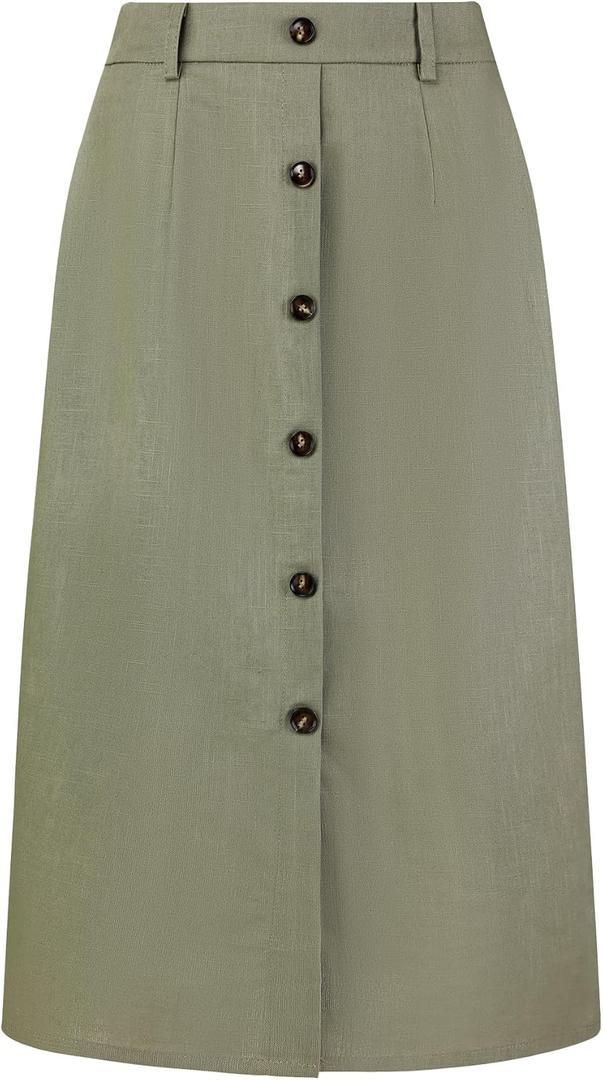 Women's Linen Skirts Slit Button Front Midi Pencil Skirt (Green)