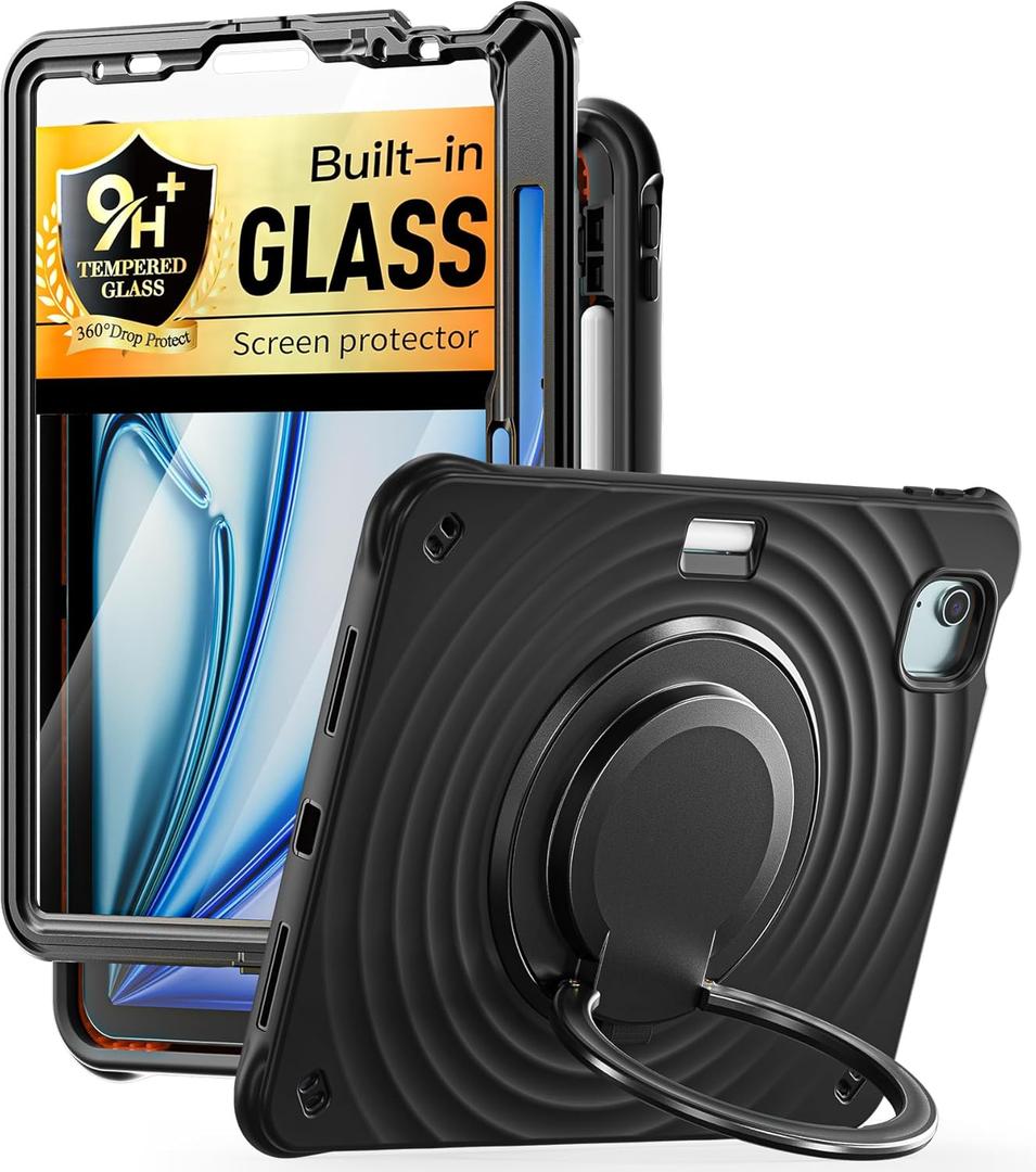 BATYUE Case for iPad Air 11-inch M3 (2025) / M2 (2024), iPad Air 5th/4th 10.9 inch(2022/2020), iPad Pro 11" 4th/3rd/2nd/1st Cover with Class Screen Protector,360 Rotating Stand, Pencil Holder, Black