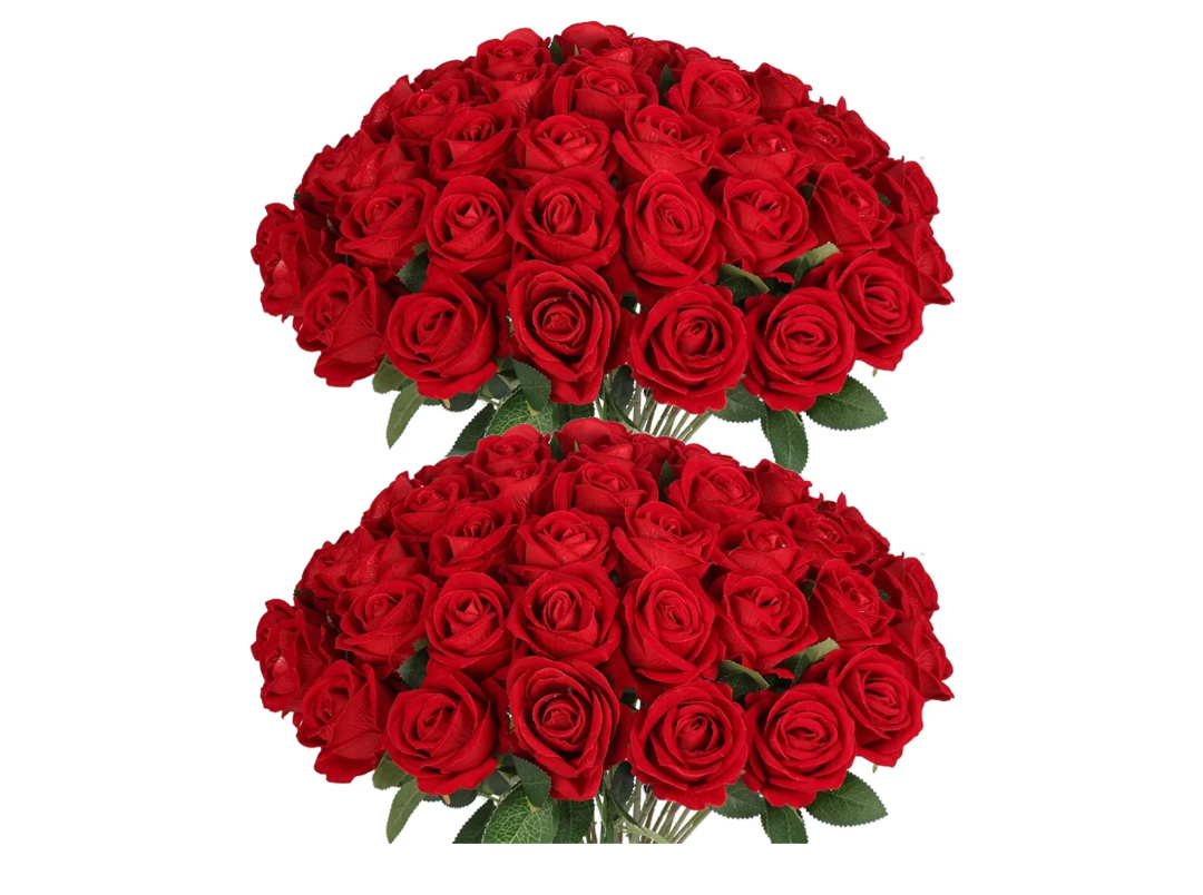 50 PCS Fake Red Roses, Artificial Red Flowers Bulk Realistic Silk Faux Rose with Stems for Wedding Decoration Anniversary Bridal Bouquet DIY Floral Arrangement Romantic Home Decor Gifts