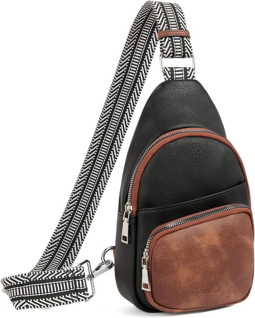 CLUCI Small Sling Bag for Women, Vegan Leather Fanny Pack Crossbody Bags for Women, Chest Bag With Guitar Strap (A-5 Black With Brown)