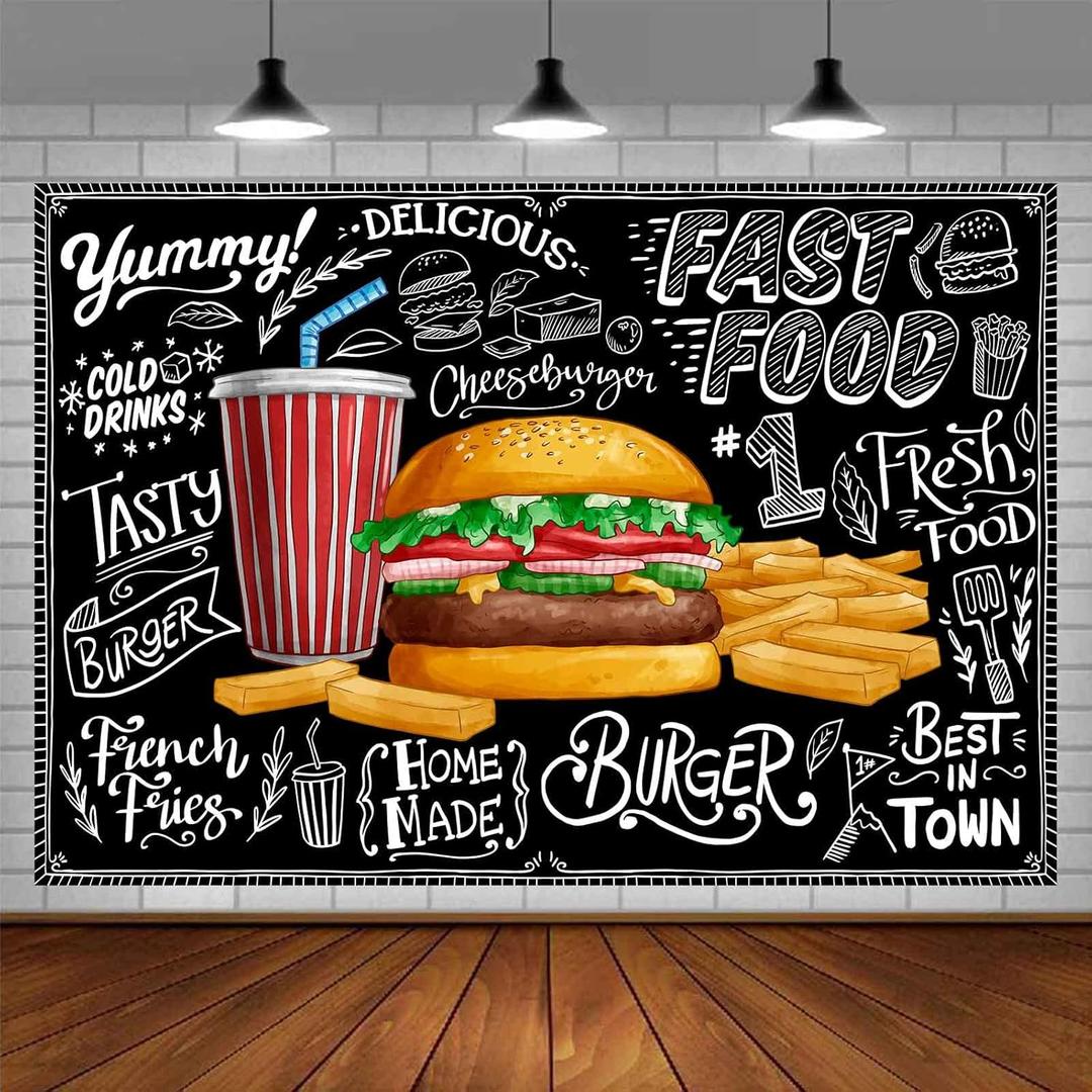 Burger French Fries Backdrop, 7x5ft Vinyl, Cooking Theme Fast Food Photogarphy Background for Children Photo Shoot Studio Props BJDWPR78