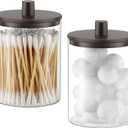 TIPGO Glass Qtip Holder Dispenser for Bathroom - 10 oz Clear Canister Apothecary Jar for Cotton Swabs, Balls, Pads, Floss Picks, Small Containers for Makeup Storage Organizer (2 Pack, Brown)