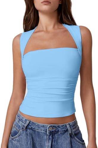 QINSEN Women's Square Neck Tank Tops Side Ruched Double Lined Slim Fit Summer Going Out Crop Top, Size XL