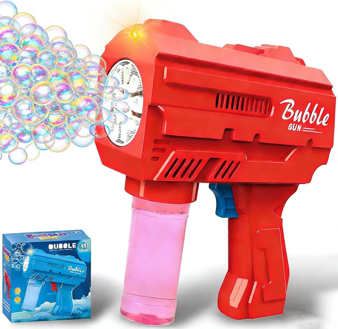 Bubble Gun for Kids 3-8, Automatic Bubble Blaster with LED Light & Refill Solution, Kids Bubble Machine Blower, Outdoor Toy for Birthday Party Wedding Easter Gift (Red)