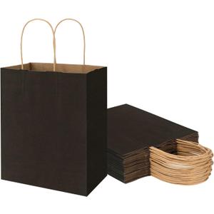 25 Pack 8x4.75x10 Inch Medium Black Kraft Paper Bags with Handles Bulk, Toovip Gift Wrap Bags for Favor Grocery Retail Party Birthday Shopping Business Goody Craft Merchandise Take Out Recycable Sacks