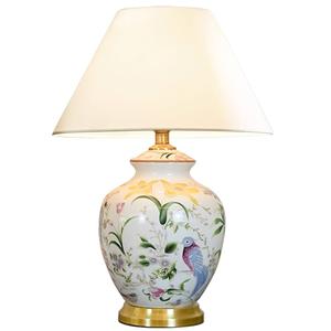 Chinoiserie Ceramic LED Table Lamp, American Flower&Bird Bedside Lamp, Classic White Fabric Lampshade Desk Nightstand Lamp for Bedroom Living Room Office College Bookcase 
