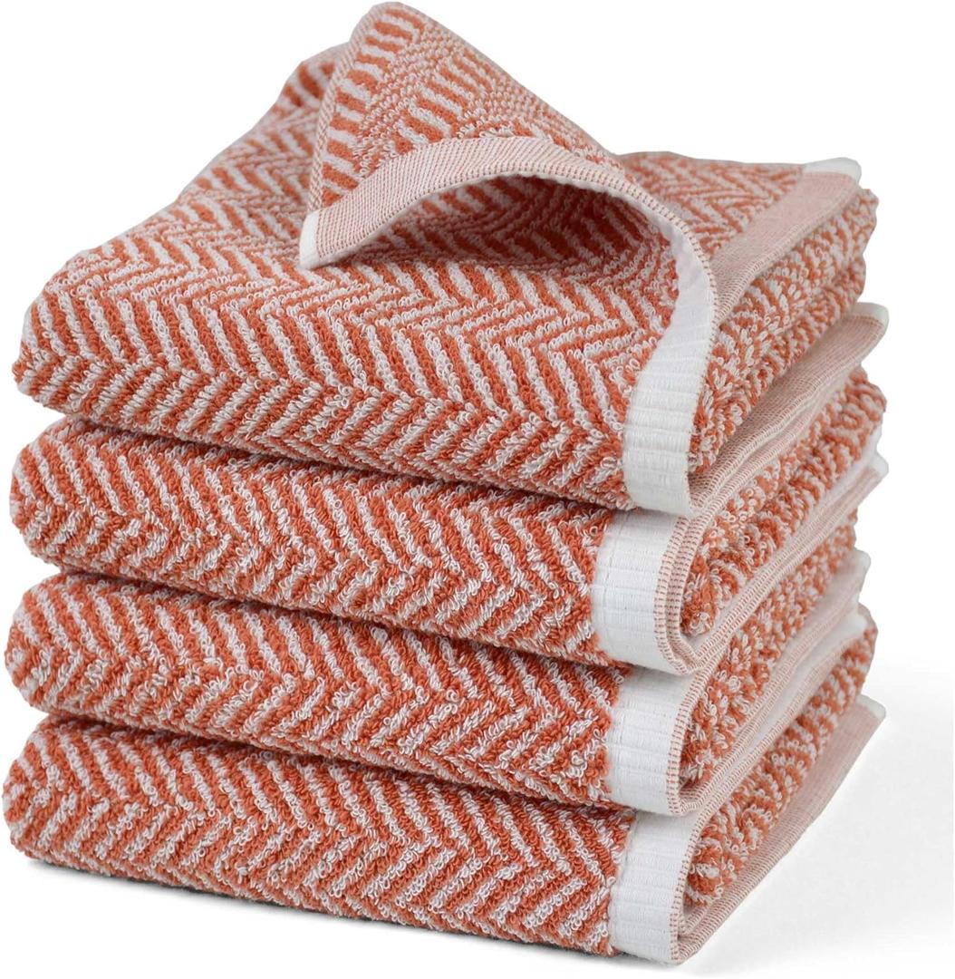 Coral Hand Towels for Bathroom with Herringbone Stripes, Stylish 100% Ctton Hand Towel Set of 4, Ultra Soft and Highly Absorbent, 13 x 28 Inches