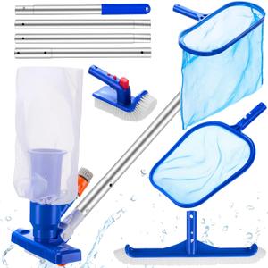 5 Pack Deluxe Swimming Pool Cleaning Kit Including Swimming Spa Jet Vacuum Cleaner Rotatable Scrub Brush Pool Brush Leaf Skimmer Net Half-Depth Fine Mesh Net with 55" Pole