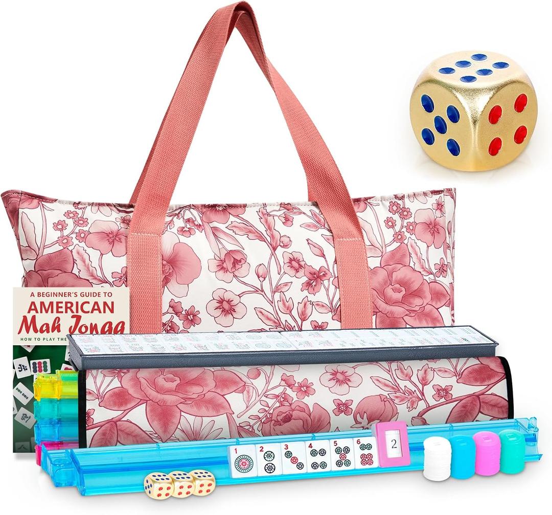 American Mahjong Tile Set, Mah Jong Set Complete with Pink Flower Bag, 166 White Tiles with Golden Dices for Travel, 4 All-in-One Mahjong Racks with Pushers (Pink)