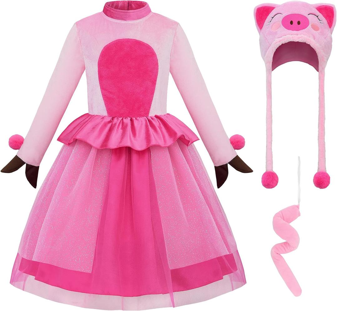 ReliBeauty Pig Costume for Girls Toddler Animal Costume with Hat and Detachable Tail (5/120, Pink)