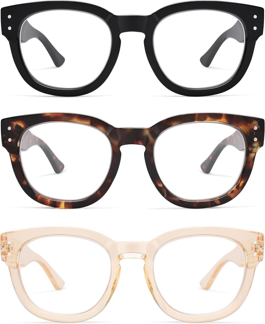 AMOMOMA 3 Pack Retro Oversized Reading Glasses for Women,Men,Men Blue Light Blocking Computer Readers Spring hinge AM6151