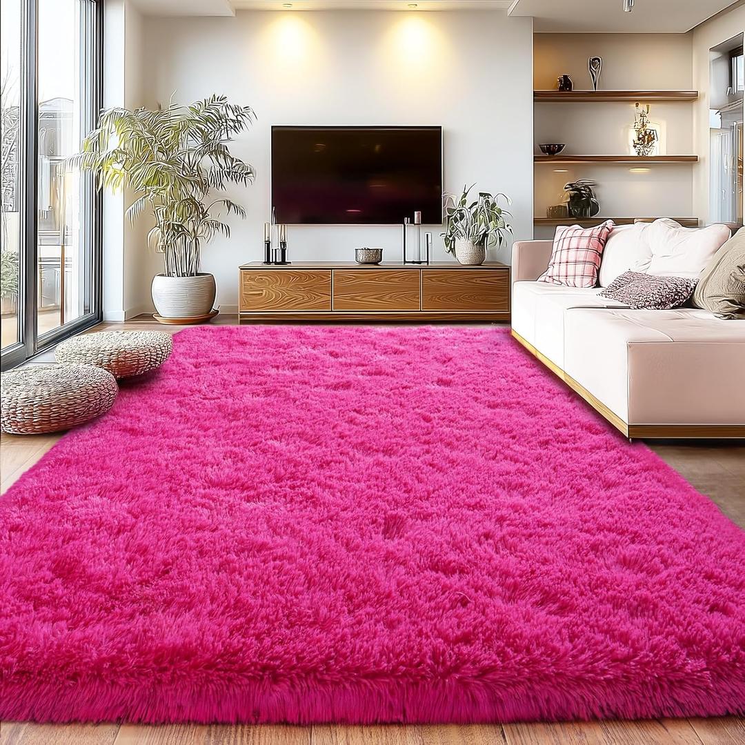 Large Fuzzy Rug 8x10 Feet Hot Pink Fluffy Rug for Living Room, Big Plush Non-Skid Shag Carpet, Soft Shaggy Rugs for Bedroom Indoor Modern Home Decor