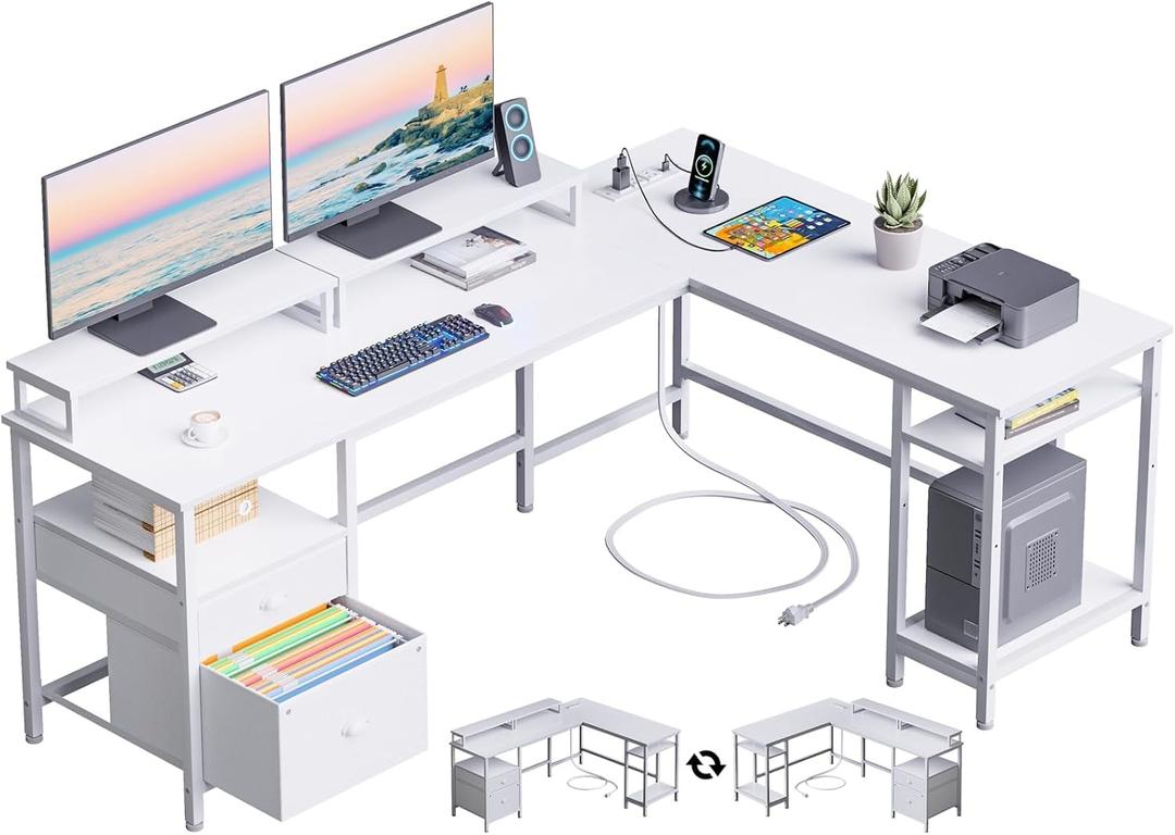 Furologee 66 L Shaped Desk with Power Outlet, Reversible Computer Gaming Desk with File Drawer & 2 Monitor Stands for Home Office with Storage Shelves, White
