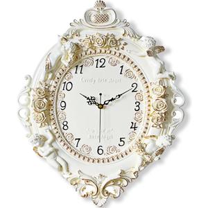 Rustic Wall Clock Decor,European Style Resin Battery Operated Silent Clock with Angel and Rose Relief Pattern for Living Room,Wall Decor (Golden)