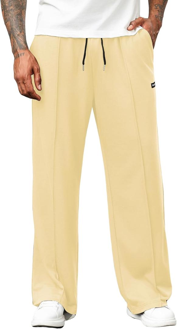 ZAFUL Men's Baggy Drawstring Elastic Waist Sweatpants with Pockets Solid Color Straight Patchwork Wide Leg Lounge Long Pants (M)