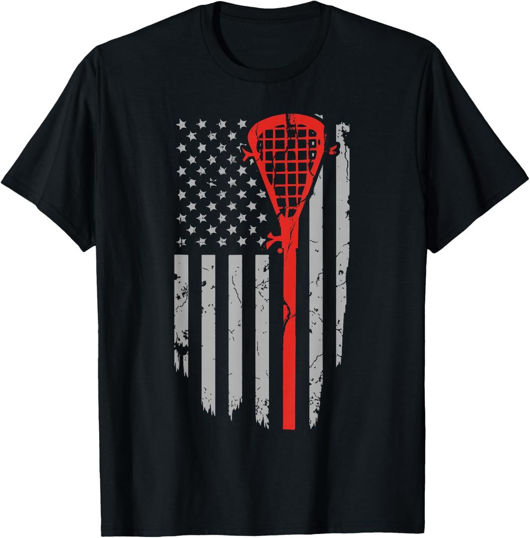 Vintage American Flag Lacrosse Youth Apparel, Boys Men USA T-Shirt (Blue, L)
