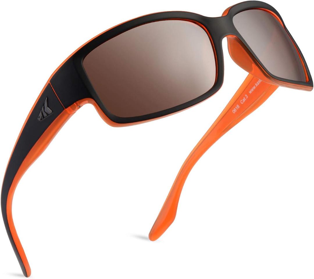 KastKing Skidaway Polarized Sport Sunglasses for Men and Women,Ideal for Driving Fishing Cycling and Running,UV Protection (Color: Frame: Matte Orange Blackout / Lens: Copper Base - White Steel Mirror)
