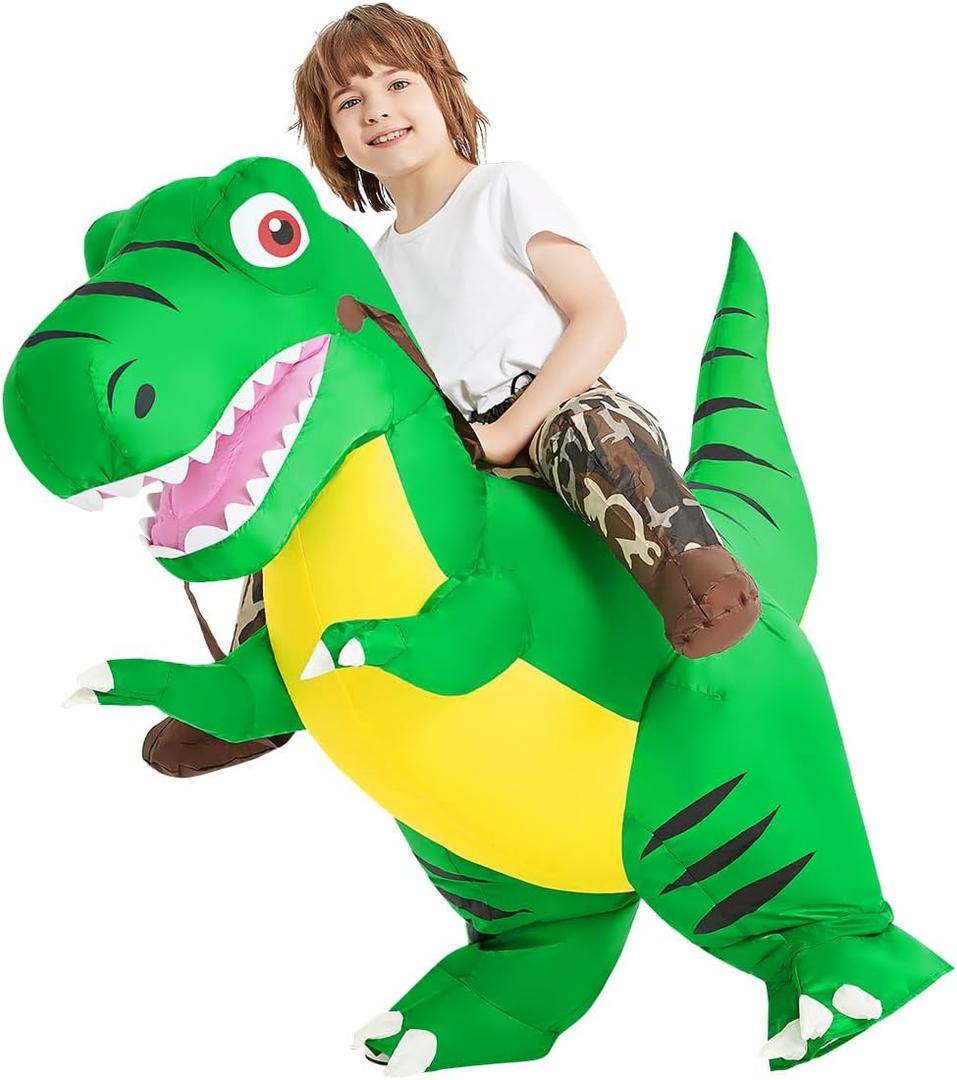 COMIN Inflatable Dinosaur Costume Kids Halloween Blow up Costumes Boys Girls Funny Riding T Rex Air Green Costume Party (7-10YRS)