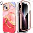 SHEDEER for iPhone 15 Case with Shiny Camera Protective Film + Screen Protector & Bumper, TPU Shockproof 360 Protection, Chic Glossy Fade-Resistant Pattern Phone Cases Cover for iPhone 15, Pink