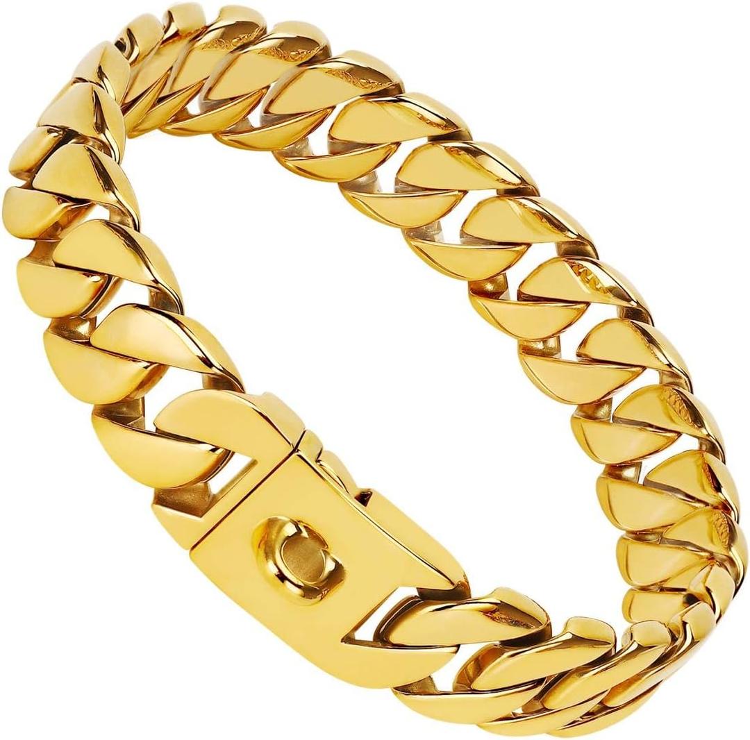 Big Dog Chain Collar, 32mm Cuban Chain Link Collar with Design Safety Buckle, 18k Gold 316L Martingale Collars, Stainless Steel Durable Chewy for All Breeds Medium/Large Dogs