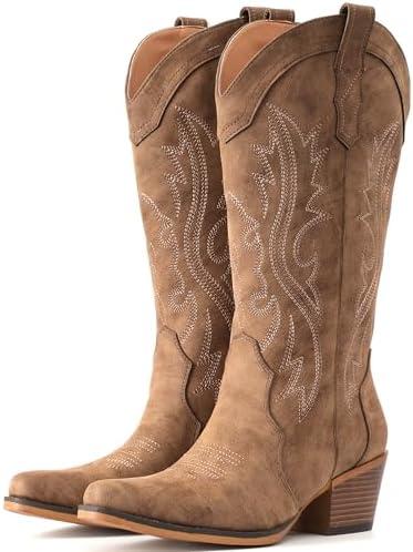 IUV Cowboy Boots For Women Western Cowgirl Boots with Chunky Heel Mid Calf Snip Toe Ideal for low insteps 8