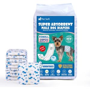 Pet Soft Male Dog Diapers - Disposable Male Dog Wraps Wetness Indicator, Puppy Diapers Male for Excitable Urination or Incontinence, 20pcs XSmall