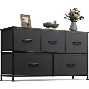 WLIVE Dresser for Bedroom with 5 Drawers, Wide Chest of Drawers, Fabric Dresser, Storage Organizer Unit with Fabric Bins for Closet, Living Room, Hallway, Charcoal Black (11.81"D x 39.37"W x 21.65"H)