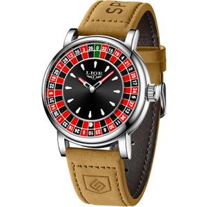Mens Watches,Unique Roulette Style Quartz Analog Watch,45MM Big Face Alloy Waterproof Glowing Watch for Men,Exquisite and Durable Leather Strap,Casual Fashionable Men's Wrist Watches