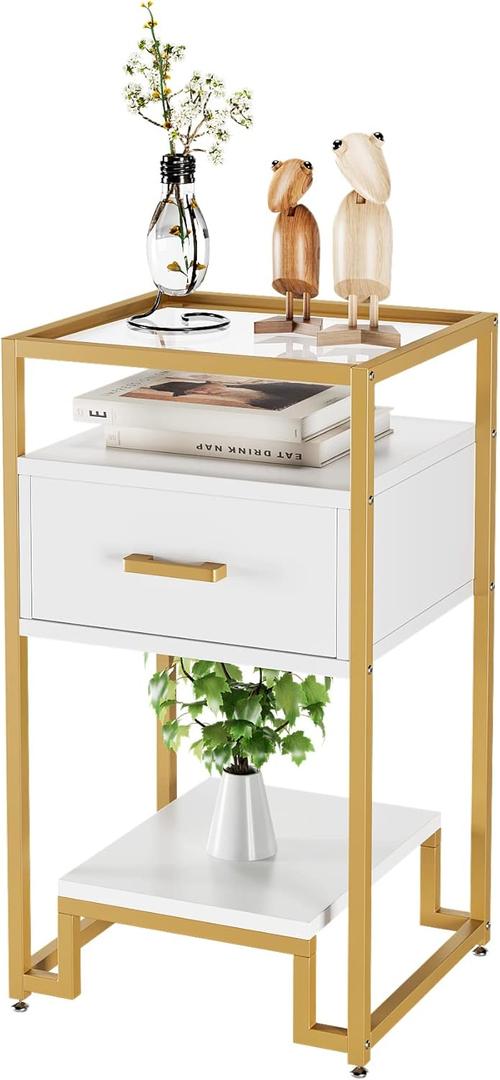 Senfot White and Gold Nightstand, End Table with Storage Drawer and 3-Tier Storage & Tempered Glass Top, Bedside Furniture with Steel Frame, Side Table for Bedroom, Dorm, Easy Assembly