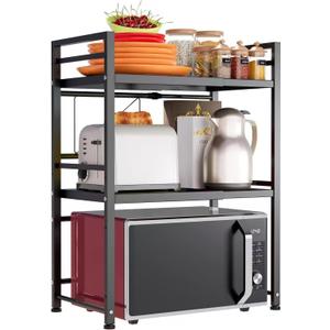 DOLALIKE Expandable Microwave Rack, Countertop Kitchen Utensils Tableware Storage, Carbon Steel 3 Tier Shelf with 3 Hooks (Black)