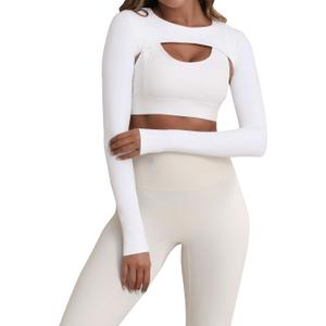 Hiball Workout Bolero Shrug Crop Top Long Sleeve Women, Sports Shrug Cropped Shirts, Cooling Shawl Arm Sleeves (White, L)