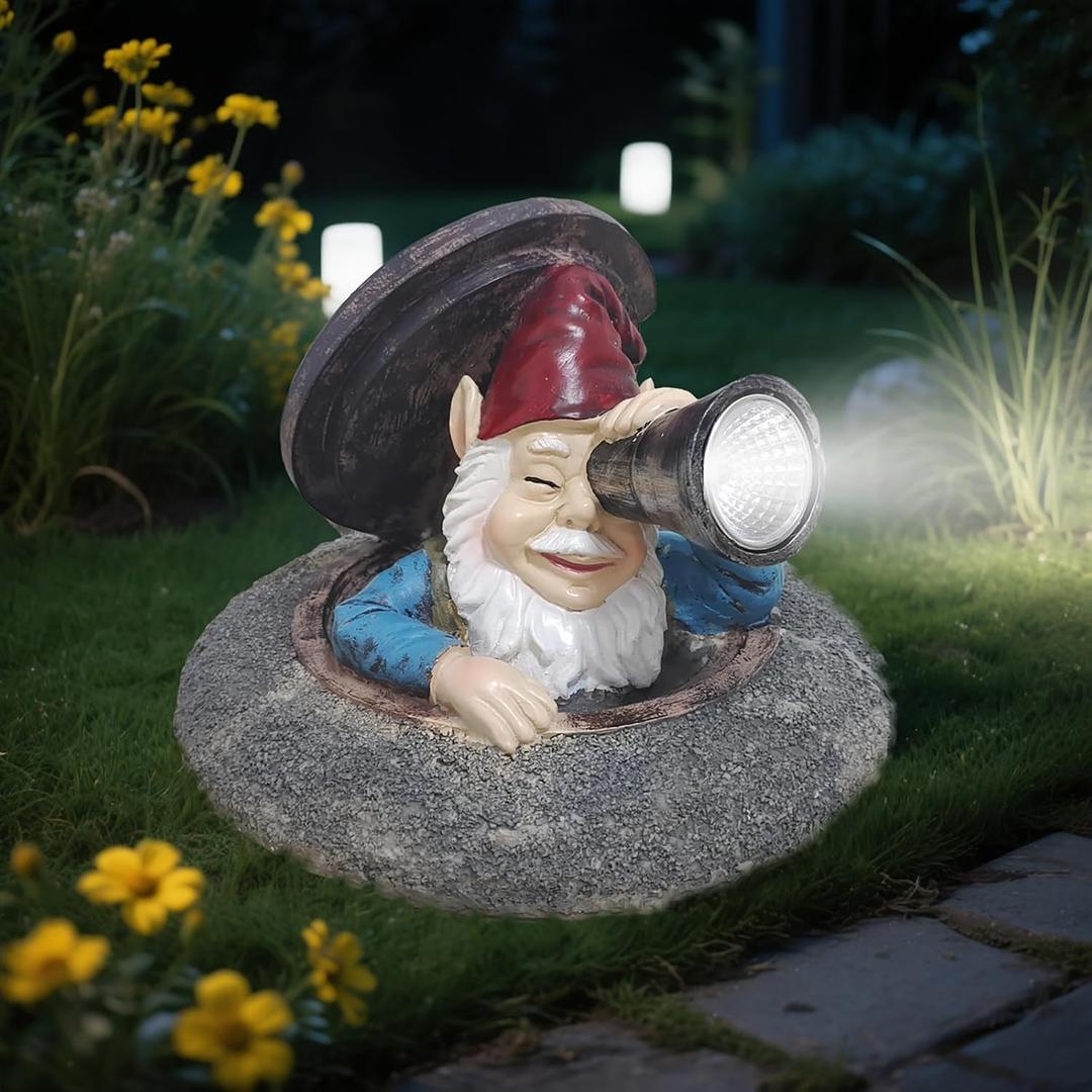 Solar Garden Gnomes Statue - Funny Dwarf Statue Hiding Under a Manhole Cover, Solar Outdoor Garden Decor for Yard, Lawn, Patio - Gnomes Figurine Ideal for Garden Lovers & Holiday Giving