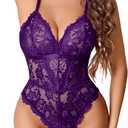 Avidlove Sexy Lingerie for Women Lace Bodysuit Teddy Lingerie One Piece Lingerie with Garter Belt (Purple)