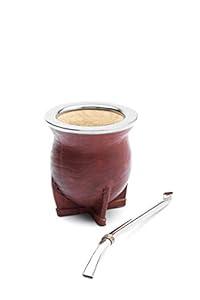 Balibetov [New] Yerba Mate Gourd (Mate Cup) - Uruguayan Mate - Leather Wrapped - with Alpaca (German Silver) Bombilla (Torpedo)